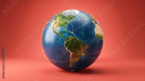 Global network connectivity on earth over a red background.