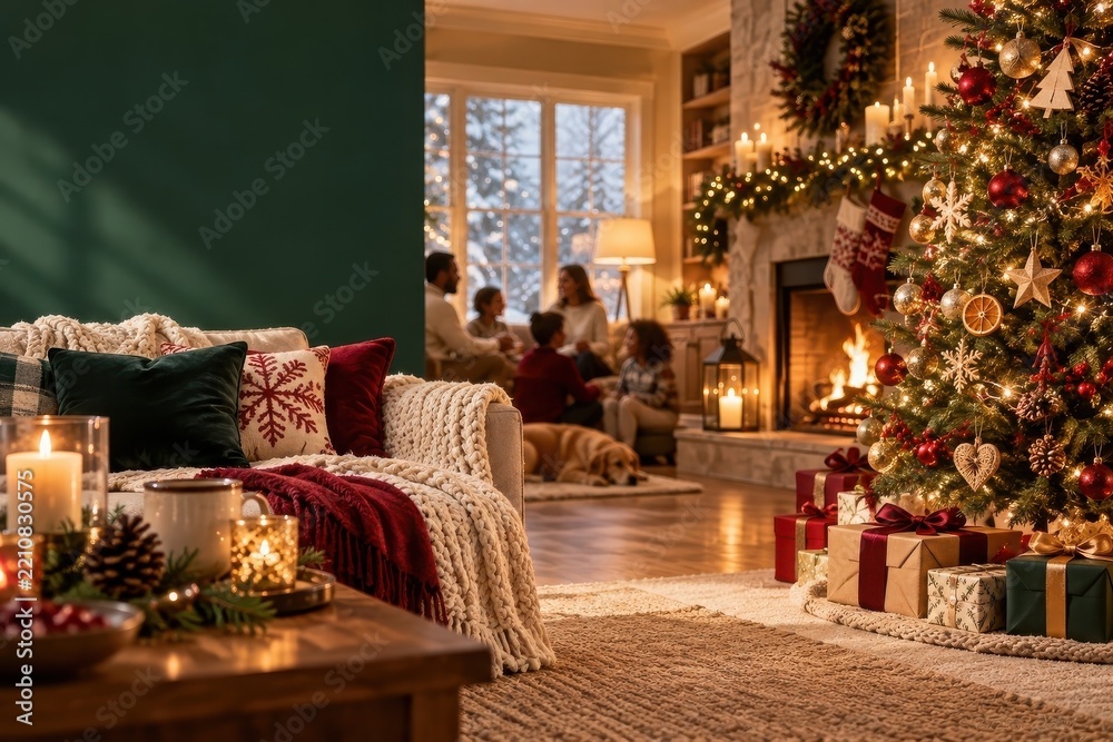 Obraz premium Cozy Christmas living room with glowing tree, fireplace, gifts