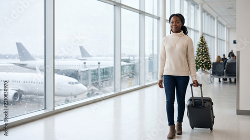 Young black woman walking in an airport terminal with a suitcase  
