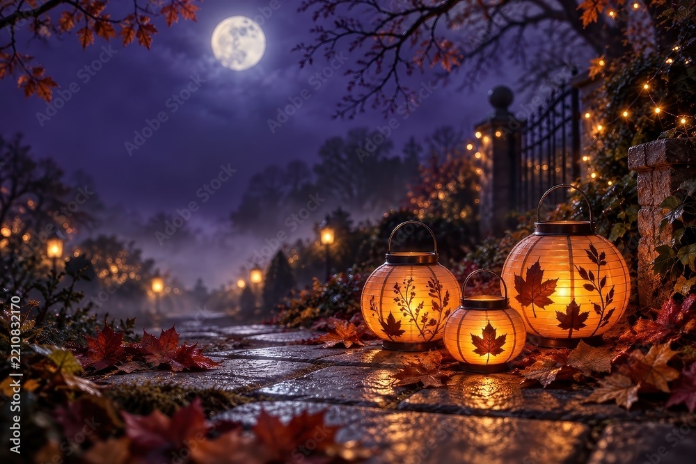 Fototapeta premium Glowing autumn lanterns illuminate a moonlit garden path