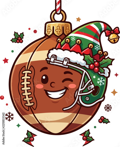 American football Christmas bauble ornament wearing elf hat isolated on transparent background cutout.