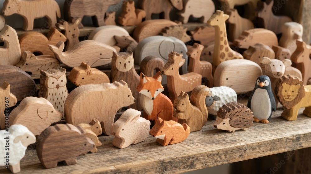 Fototapeta premium Collection of handmade wooden animal figurines on a rustic shelf
