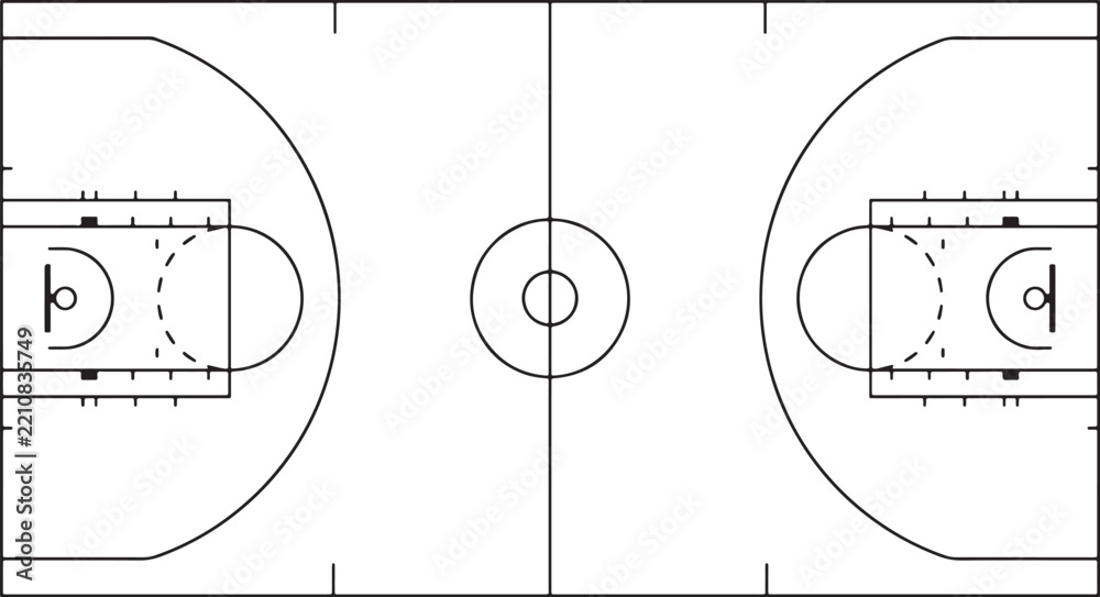 Obraz premium Black and white line of a standard basketball court layout showing hoops, key areas, center circle, and three-point lines from top-down perspective also transparent background