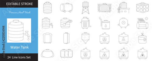 Water tank icons with editable stroke in a clean setting during daylight for industrial concepts