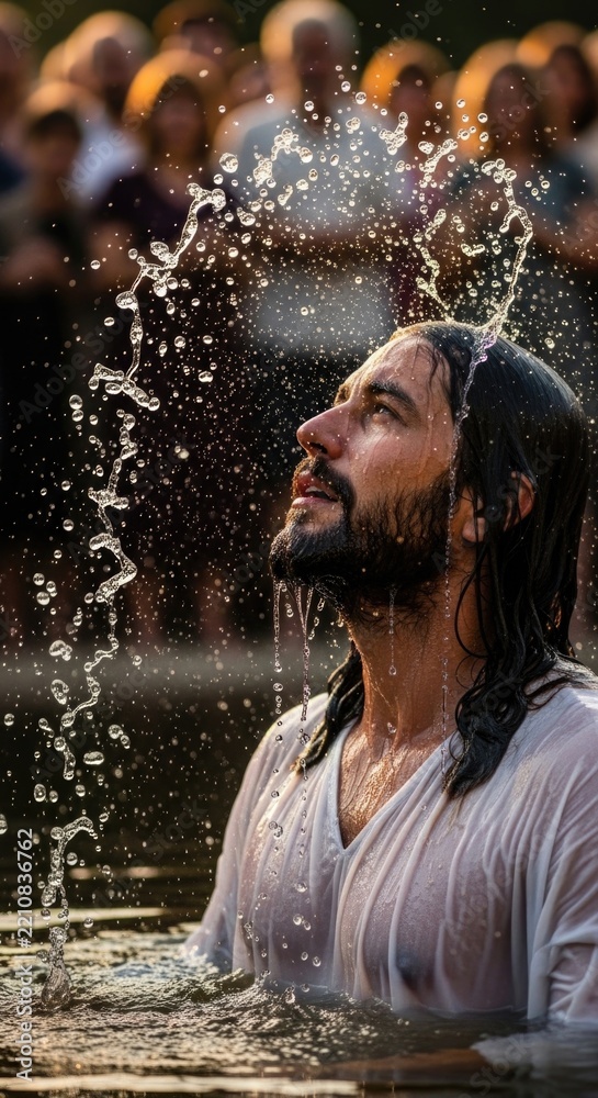Fototapeta premium Sacred immersion rite: Jesus Christ, holy baptism, divine blessing, spiritual purification, liquid splash, river water, reverent look, white robe, solemn crowd, faithful believer.