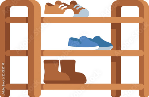 Wooden shoe rack with red sneakers blue footwear and brown boots on a white background