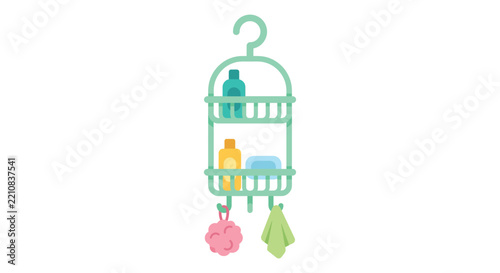 Hanging shower caddy with bottles soap and washcloth is a flat vector illustration