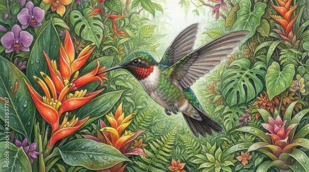 Fototapeta premium Hummingbird hovering near colorful tropical flowers in a lush rainforest