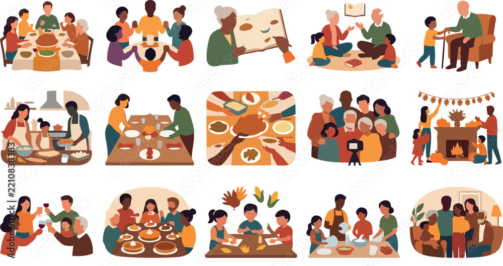 Fototapeta premium Set of diverse family scenes celebrating Thanksgiving dinner with food sharing and festive autumn holiday gatherings
