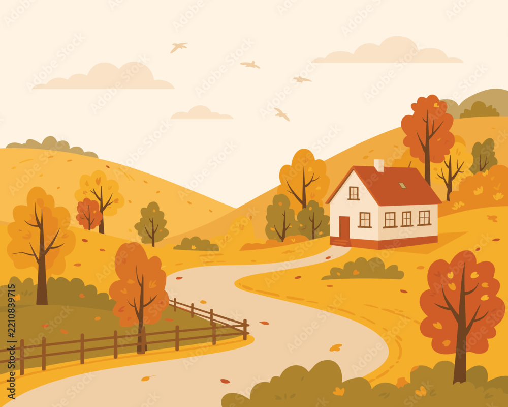 Naklejka premium A scenic autumn landscape featuring a cozy cottage nestled in rolling hills with golden trees and a winding pathway