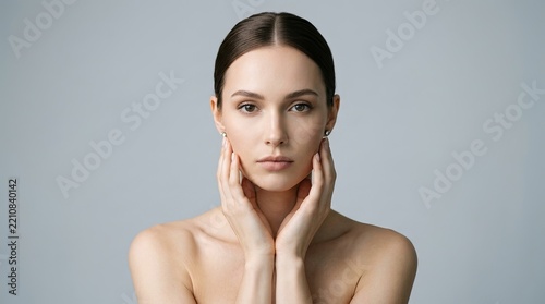 Beautiful young woman with clean, perfect skin. Portrait of a beauty model with natural nude makeup touching her face. Spa, skincare, and wellness. Close-up, copy space. 