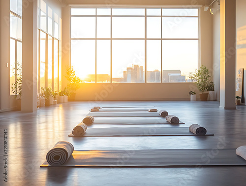 Rolled Yoga Mat Bathed in Golden Sunlight on a Wooden Floor Near Large 