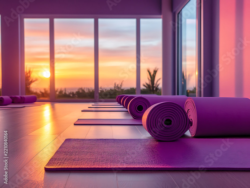 Rolled Yoga Mat Bathed in Golden Sunlight on a Wooden Floor Near Large 