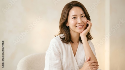 Beautiful young woman with clean, perfect skin. Portrait of a beauty model with natural nude makeup touching her face. Spa, skincare, and wellness. Close-up, copy space. 