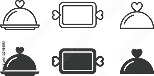 Romantic Food Service Icons Featuring Cloche And Tray Symbols With Heart Shapes For Hospitality Marketing Projects In A Minimalist Vector Design Set For Valentine'S Day Dining Menus.