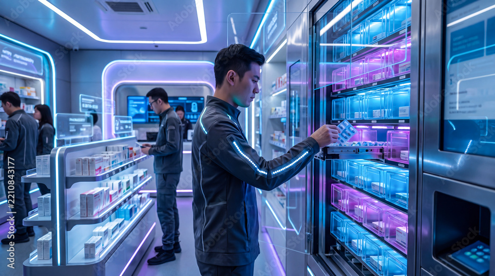 Fototapeta premium Pharmacist retrieving medicine from automated futuristic pharmacy