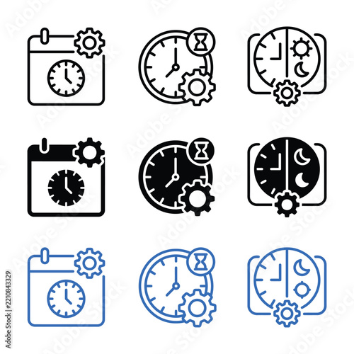 Set of time management and scheduling icons with clocks and gears isolated on transparent background