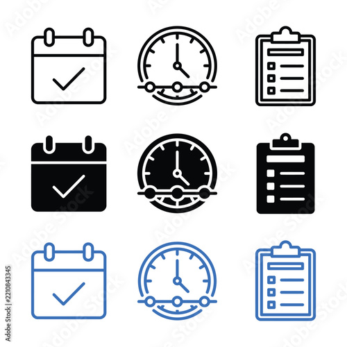 Set of vector business icons featuring calendar clock and clipboard task list symbols isolated on white background