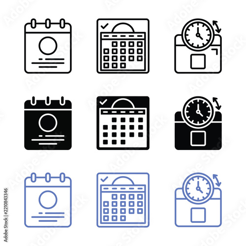 Set of vector calendar and clock icons for time management planning and schedule tracking isolated on white background