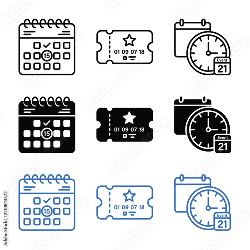 Set of vector calendar ticket and clock icons for event management and scheduling isolated on white background