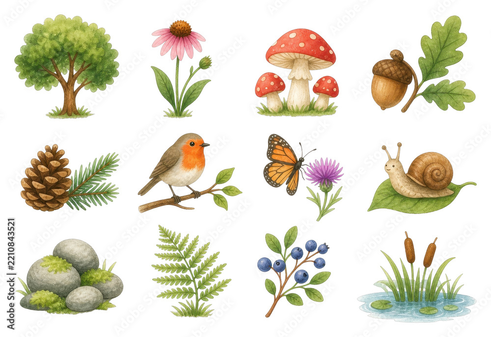 Obraz premium Botanical woodland clipart collection with animals and plants, PNG, transparent background