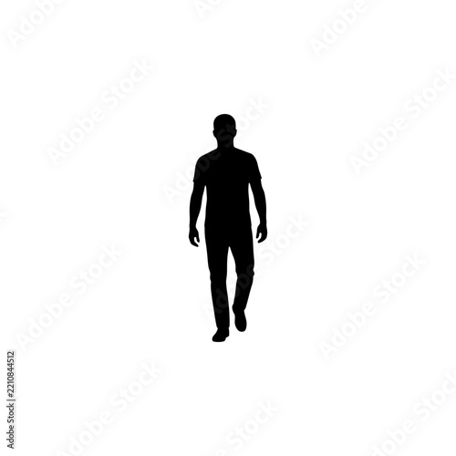 Full body black silhouette of a man walking forward isolated on white background with silhouette movement standing