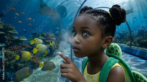 Niña pequeña señalando con asombro y curiosidad los peces en el túnel submarino de cristal de un acuario