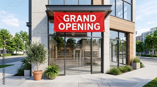 Modern retail store exterior with a large red grand opening banner hanging above the entrance.