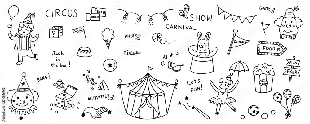 Fototapeta premium Hand drawn doodle set of circus carnival and amusement fair elements for scrapbooking vector design.