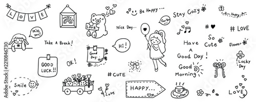 Hand drawn doodle set of featuring girls teddy bear positive quotes and flowers for scrapbooking vector design.