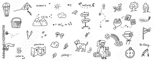 Hand drawn doodle set of outdoor camping travel and nature adventure for scrapbooking vector design.