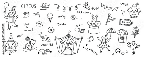 Hand drawn doodle set of circus carnival and amusement fair elements for scrapbooking vector design.