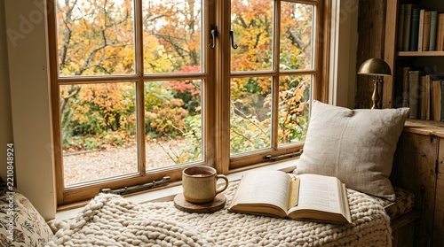 Cozy reading nook with an open book and a warm cup of coffee by a sunny window