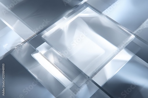 Abstract composition of translucent glass panels layered together, reflecting light and creating a modern, sleek aesthetic with a sense of depth and transparency in a contemporary design