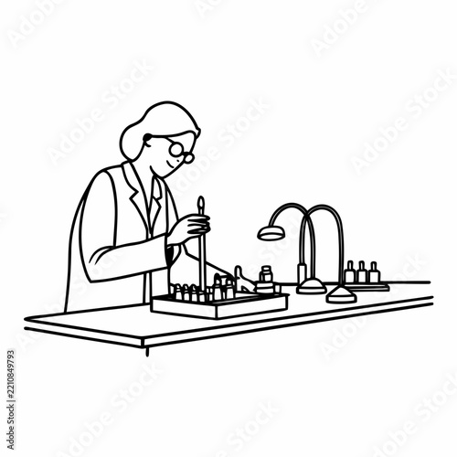 Fragrance taster working in a laboratory, analyzing scents at a table with bottles