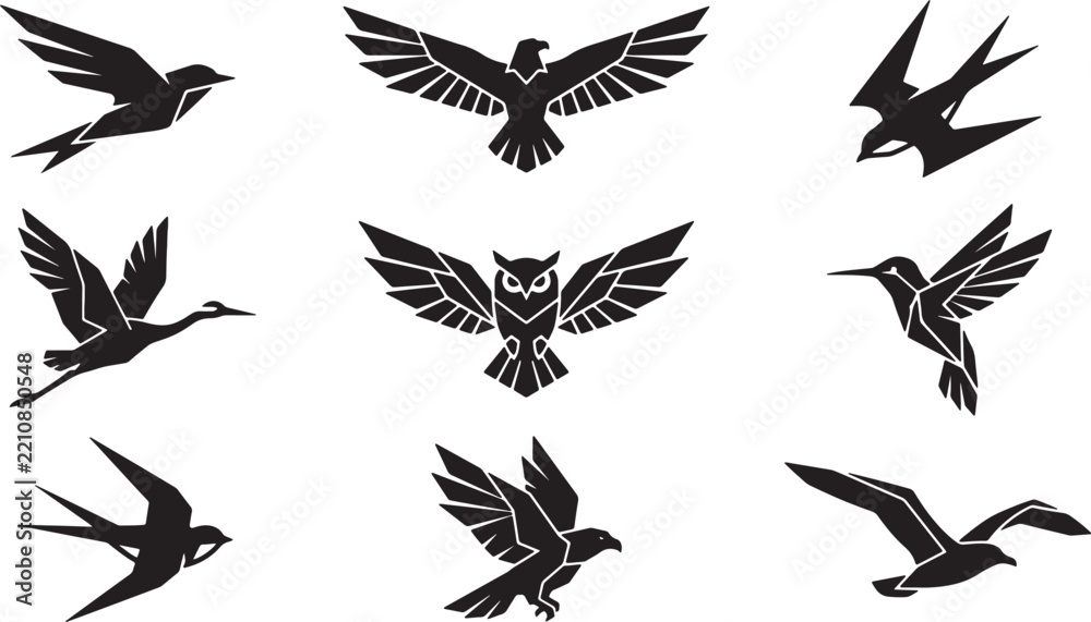 Obraz premium Abstract origami bird icons collection, low poly eagle, owl, and hummingbird