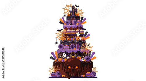 Giant multi tiered Halloween cake decorated with glowing skulls and spooky haunted house toppers