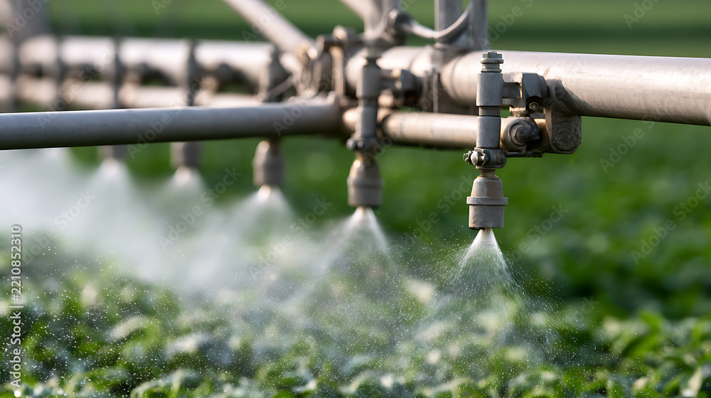 Naklejka premium Agricultural pivot irrigation system spray water over green crops in a field, modern farming technology for crop growth and harvest yield
