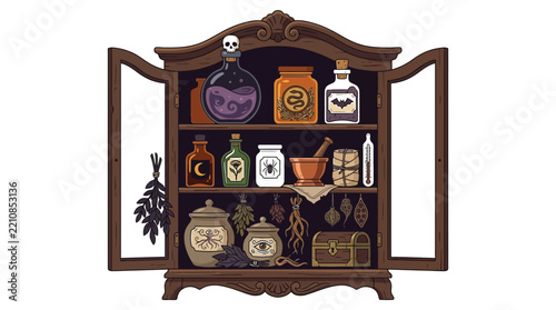 Vintage wooden cabinet filled with magical potion bottles and mystical ingredients for witchcraft spells