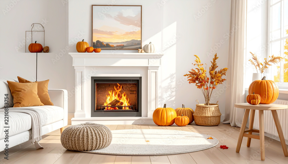 Obraz premium Gemütliches Wohnzimmer mit Kamin und herbstlicher Kürbisdekoration
