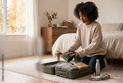 Woman Packing an Open Suitcase in a Cozy Bedroom