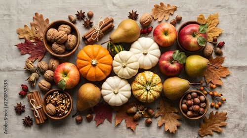 Flat lay of autumn harvest with pumpkins apples pears and colorful fall leaves on a rustic wooden background