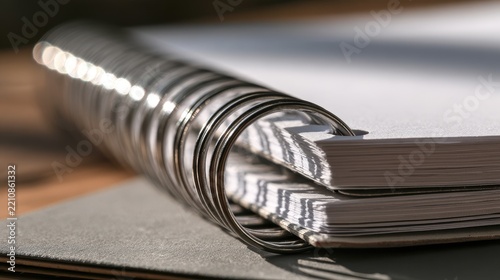 Close-up studio shot of metallic spiral binding on a notebook, highlighting texture and reflections