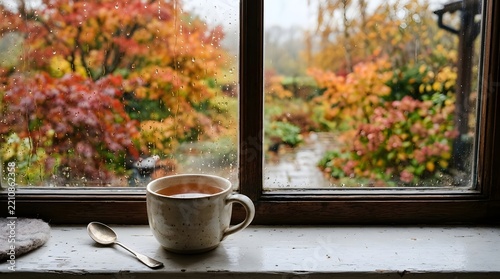 A steaming hot cup of coffee sitting on a window sill overlooking a beautiful vibrant autumn garden