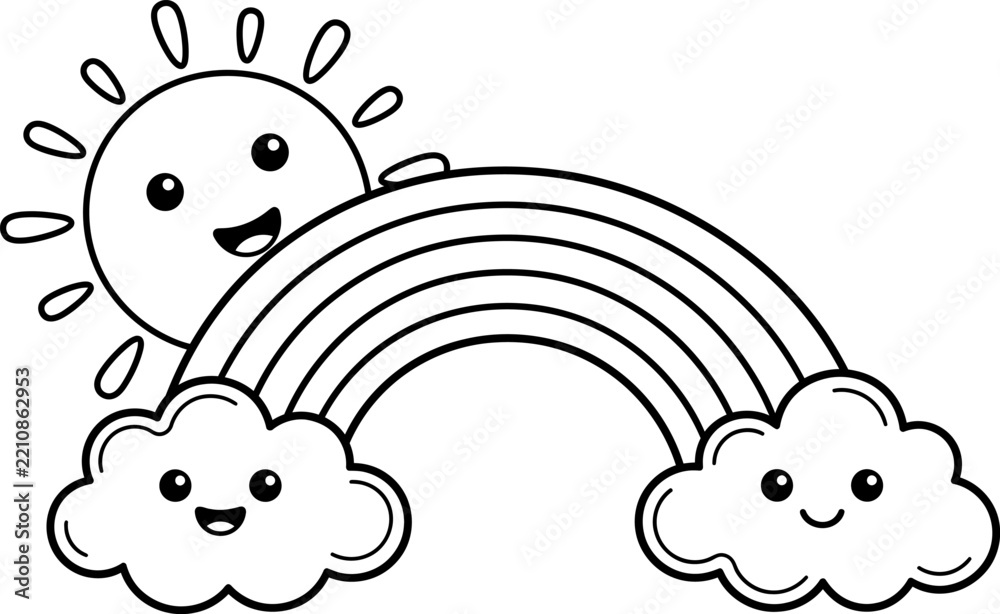 Obraz premium Charming cartoon sun rainbow and clouds illustration for childrens designs
