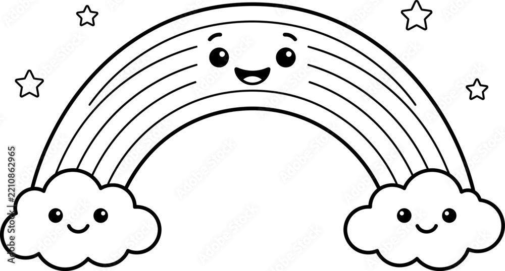Obraz premium Cute cartoon rainbow with smiling face and fluffy clouds black and white