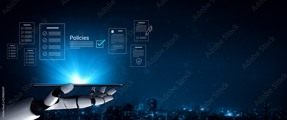 Fototapeta premium A robotic hand presents a tablet showing important policies and documents, illuminated by blue light, symbolizing technology and automation in a modern urban environment. Cyphers
