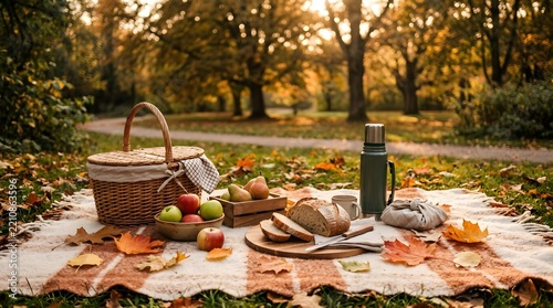 A cozy autumn picnic scene with a wicker basket and fresh fruit on a blanket in a park
