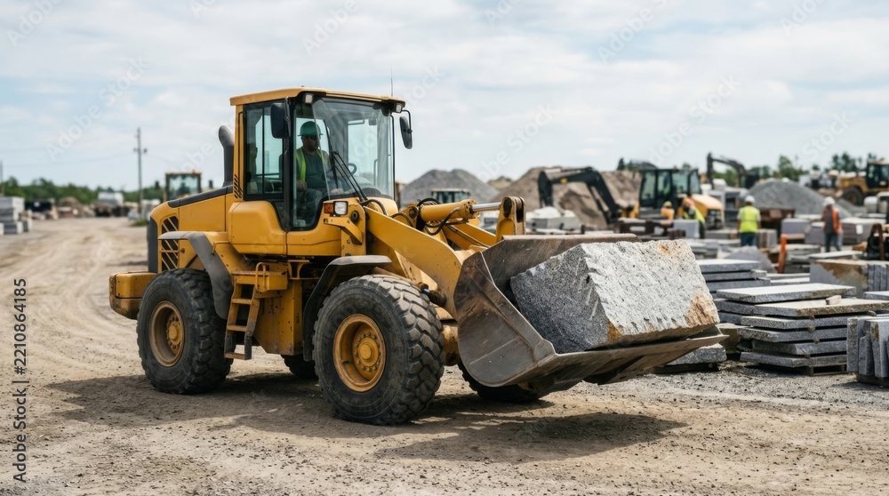 Fototapeta premium Yellow front-end loader transports heavy granite block at construction site in bright daylight