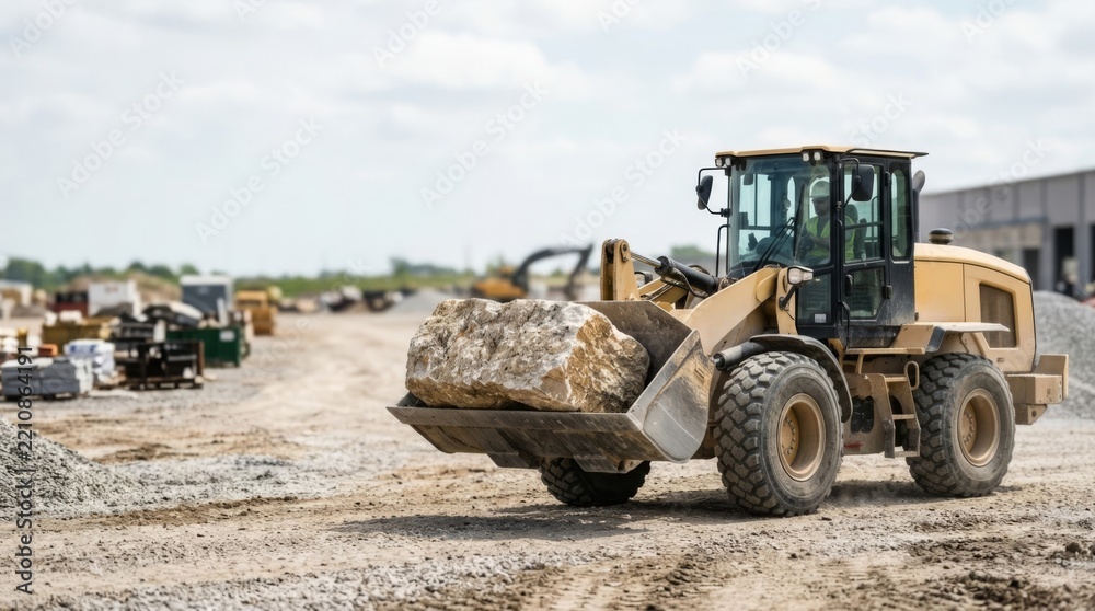 Fototapeta premium Heavy-duty front-end loader moving large limestone rock on a bright construction site, construction logistics and material handling